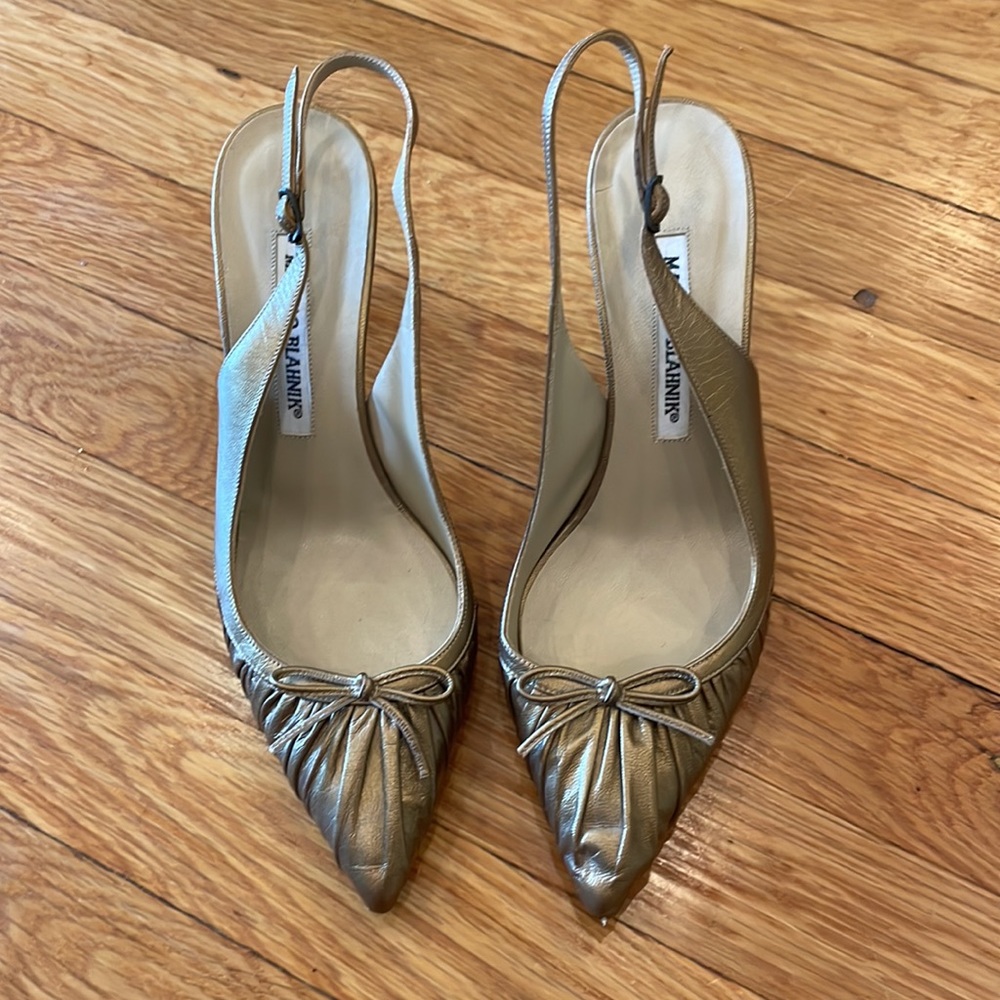Manolo Blahnik Bronze Kitten Heel Slingbacks